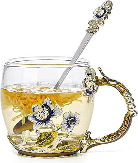 COAWG Flower Glass Tea Cup, Handmade Clear Coffee Mug with Spoon Decorated with Jasmine Flower Great Gift Idea for Women, Sister, Wife, Mother, Christmas Thanksgiving`s Day New Year