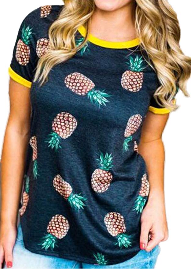 FAYALEQ Women's Pineapple Print Color Block Tops Funny T-Shirt Casual Short Sleeve Tees
