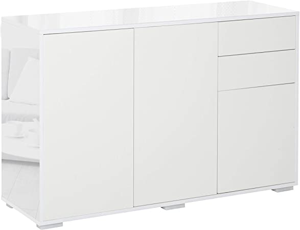 HOMCOM Aparador de Salón con 3 Puertas 2 Cajones y Estante Interior Ajustable Mueble Auxiliar de Almacenaje para Cocina Dormitorio Antivuelco 117x36x74 cm Alto Brillo Blanco