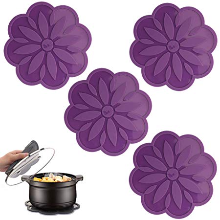 ME.FAN Silicone Trivet Mat [4 Set] Centaury Pot Holders, Hot Pads For Pots & Pans, Jar Opener, Spoon Rest & Coasters Heat Resistant Non Slip Flexible & Durable - Diameter:6.7’’ (Dark Purple)