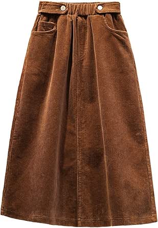 CHARTOU Women's Winter Corduroy Elastic Waist Ruffle A-Line Midi Long Skirt