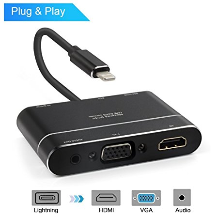 AV adapter, Lightning To HDMI & VGA & 3.5mm Audio Converter with Micro USB Charging Cable and 1080P Resolution, Support VGA HDMI/Audio Video Dual Output for iPhone/iPad Support iOS 11.0 Before or Up