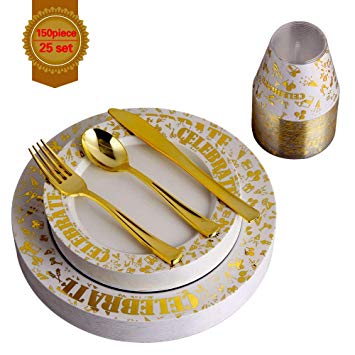 150pcs Gold Plates & Plastic Silverware & Gold Rimmed Cups, Celebrate Disposable Dinnerware Set for 25 Guest Include:25 Dinner Plates, 25 Dessert Plates, 25 Tumblers, 25 Forks, 25 Knives, 25 Spoon