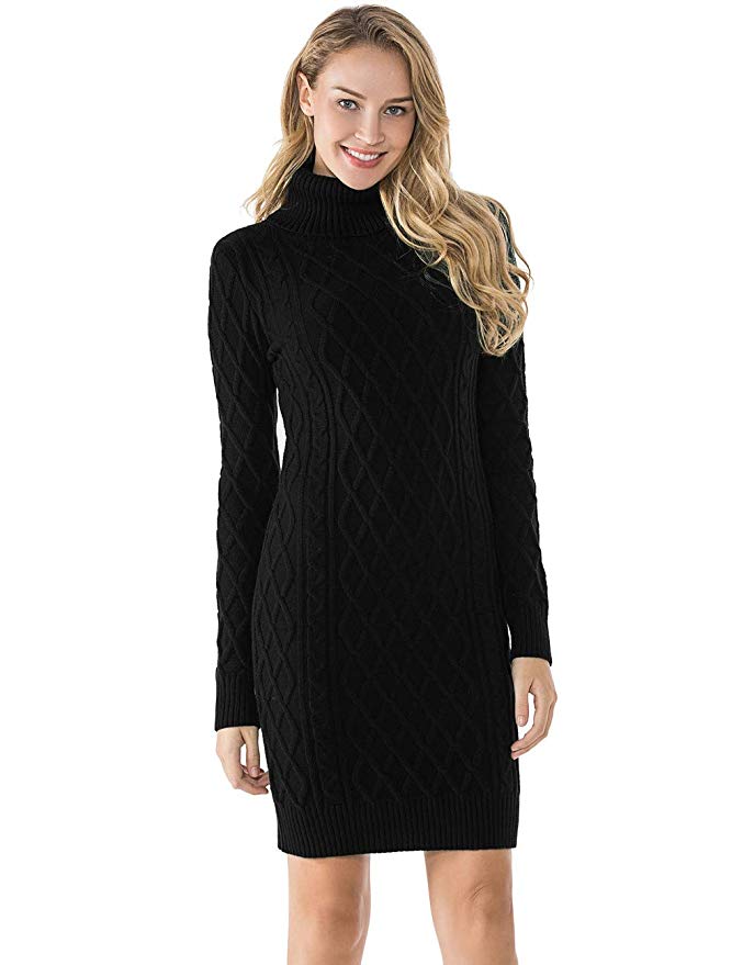 Lynz Pure Women's Turtleneck Sweater Dress Cable Knit Long Sleeve Slim Fit Jumper Dress