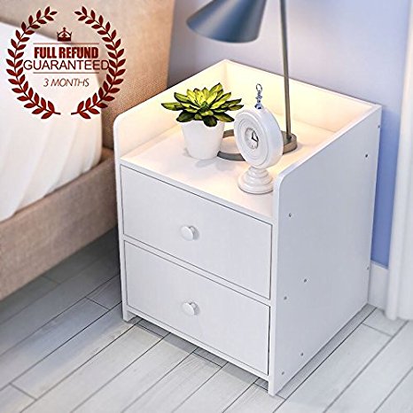 Bedside Table with 2 Drawers, Wood End Table/NightStand, White