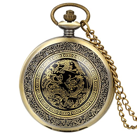 Avaner Antique Bronze Mens Dragon & Phoenix Dangle Quartz Pocket Watch Pendant Necklace with Chain
