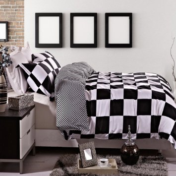 NTBAY 3 Pieces Black and White Grid Reversible Printed Microfiber Duvet Cover Set with Hidden Button(Full/Queen, Grid)