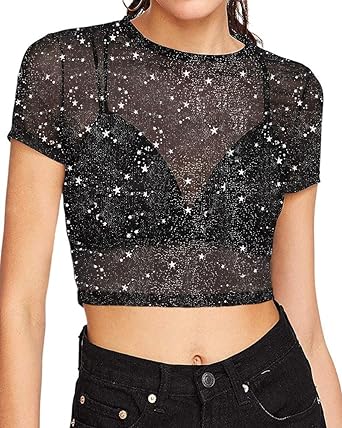 MANGOPOP Women's Short Sleeve Long Sleeve Sheer Mesh Crop Tops Tee Shirt Blouse