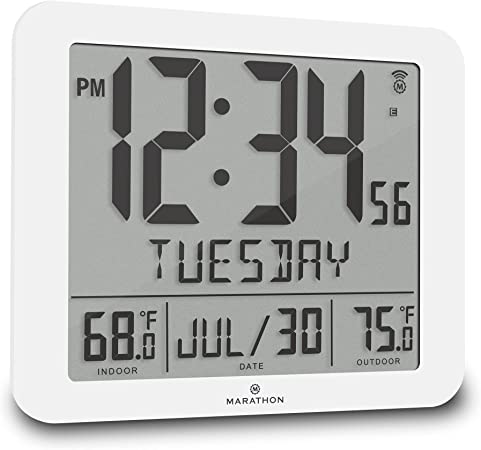 MARATHON Slim Atomic Wall Clock with Indoor/Outdoor Temperature, Full Calendar and Large Display - Batteries Included - CL030027-FD (White)