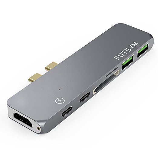 Dual USB C Hub Macbook Pro 2017/2016 13" 15" Accessories Thunderbolt 3 Hub Adapter Type-C Dock, MicroSD/SD Card Reader, 4K HDMI, USBC 5Gbps Data, USB-C 100W Power Delivery, 2x USB 3.0 Ports by FUTSYM