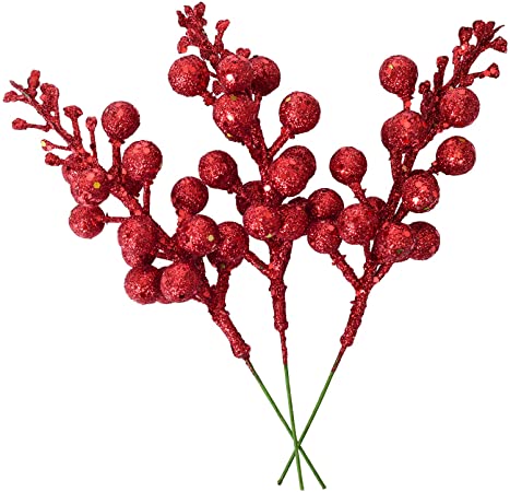 Artiflr 14 Pack Christmas Glitter Berries Stems, 7.8Inch Artificial Christmas Picks for Christmas Tree Ornaments, DIY Xmas Wreath, Crafts, Holiday and Home Decor, Red