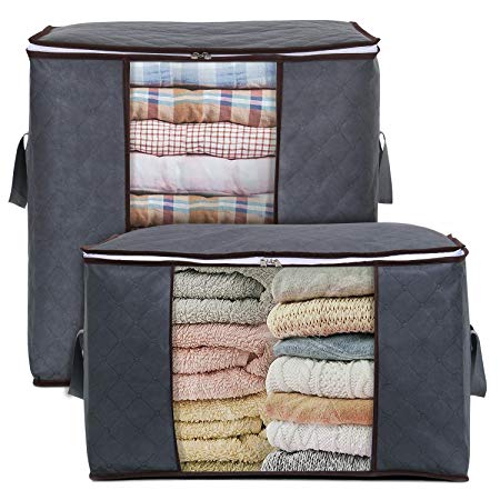 Lifewit Storage Bag Organizer King Size with Reinforced Handle Firm Fabric Strong Zipper Space Saver for Clothes, Quilts, Blankets, Bedding Foldable Breathable, 2 Pack, Grey