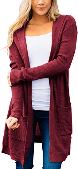 MEROKEETY Women's Long Sleeve Open Front Hoodie Knit Sweater Cardigan with Pockets