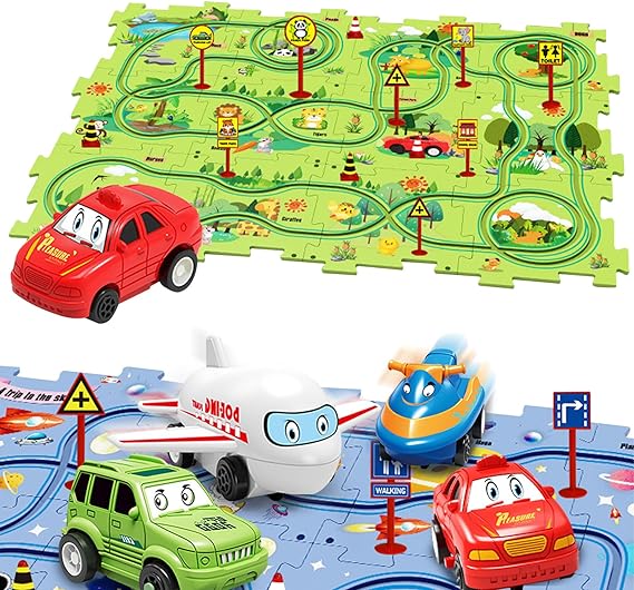 Children's Educational Puzzle Track Car Play Set - DIY Puzzle Tracks with Vehicles, Puzzle Track Play with Vehicles Puzzle Car Tracks for Kids (25PC, Land)