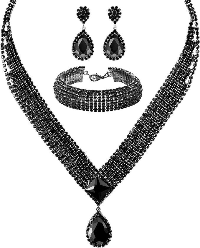 M MIRACULOUS GARDEN 3/4 Pieces Women Jewelry Set Rhinestone Tiara Crown Necklace Bangle Bracelet Crystal Teardrop Dangle Earrings and Rhinestone Handbag for Wedding Party