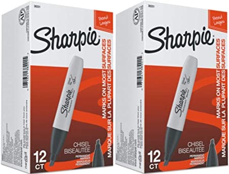 Sharpie 38201 Chisel Tip Permanent Markers, Black; 2-Packs of 12 Markers each for a Total of 24 Markers