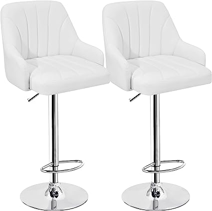 VECELO Bar Stools Set of 2, Adjustable Barstools, Counter Height Stools with Back and Arm, Kitchen Island Stools, Swivel PU Leather Chairs for Pub, Dining Room Living Room, Modern Style, White