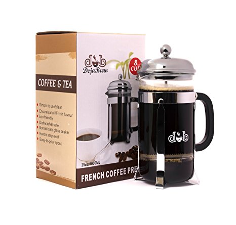 DejaBrew The Best French Press Coffee Maker and Tea Maker - Best Reinforced Glass with Stainless Steel Frame - French Press Coffee Pot 8 Cup (34 ounce)