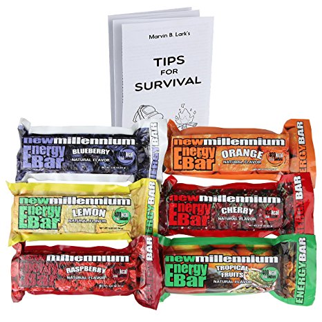 Millennium Assorted Energy Bars (6 Count) - Long Shelf Life Fruit flavored Bar Bundle - Survival Pack for Calamity, Disaster, Hiking and Meal replacement - with Emergency Guide