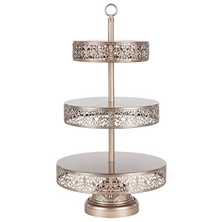 Victoria Collection Champagne 3 Tier Cupcake Stand, Round Metal Dessert Wedding Party Display Tower with Reversible Plates