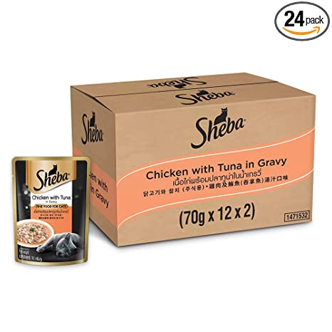Sheba Fine Food for Adults Cats ( 1 Years), Chicken with Tuna in Gravy Flavour, Pack of 24 (24x 70g)