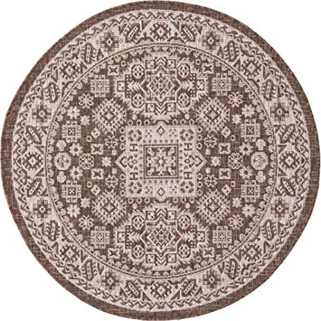 Unique Loom Outdoor Aztec Collection Modern Geometric Transitional Indoor and Outdoor Flatweave Brown/Ivory Round Rug (4' 0 x 4' 0)