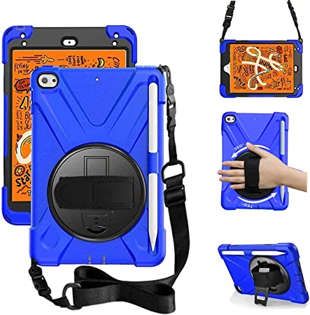 ZenRich iPad Mini 5 Case 2019 iPad Mini 4 Case 2015 zenrich Heavy Duty Shockproof Rugged Case with Pencil Holder 360 Degree Kickstand Hand Strap Carrying Shoulder Belt for iPad 7.9 inches Tablet, Blue