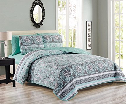 6 Piece Medallion Floral Patchwork Reversible Bedspread/Quilt with Sheet Set Queen
