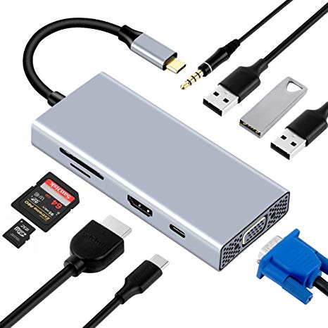 Type C Hub, ProCIV USB C to HDMI VGA Adapter with 3xUSB 3.0 Power Delivery Port SD/TF Card Slot 3.5mm Audio Port for New MacBook Pro/MacBook Air 2018 Samsung Dex for Galaxy S10/S9/S8 Note 9/8