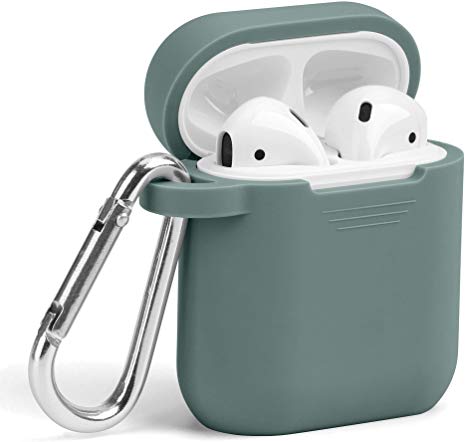 Airpods Case, GMYLE Silicone Protective Shockproof Wireless Charging Airpods Earbuds Case Cover Skin with Keychain Set Compatible for Apple AirPods 1 & 2 - Midnight Green