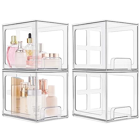SMARTAKE 4 Pack Stackable Makeup Organizer Drawers, Acrylic Bathroom Organizers, 6.6'' Tall Clear Plastic Storage Drawers for Vanity, Undersink, Kitchen Cabinets, Skincare, Pantry Organization