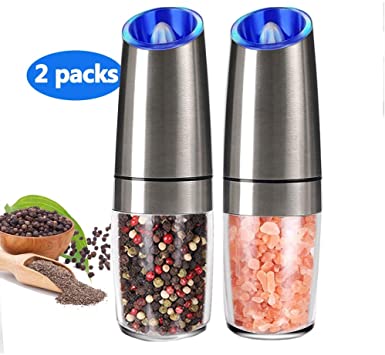 Pepper Grinder Set Automatic Pepper Gravity Electric Salt Mill Grinder Battery-Operated with Adjustable Coarseness, LED Light, One Hand Operated