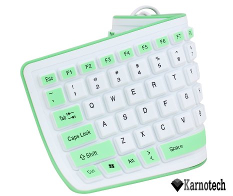 Karnotech® Foldable Silicone Keyboard USB Wired Silicon Flexible Soft Waterproof Roll Up Silica Gel Computer Desktop (103 Keys) Keyboard for PC Laptop Notebook for library work class indoor environment Green