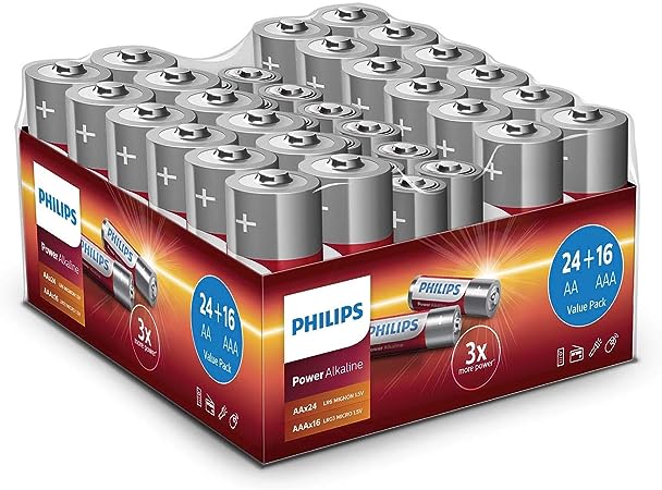 Philips Value Pack Batteries 40 Pieces - Power Alkaline Batteries - Includes 24 AA Batteries and 16 AAA Batteries - Long Life