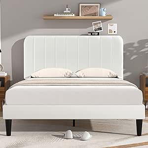 VECELO Full Size Upholstered Bed Frame with Adjustable Headboard, Velvet Platform Bedframe Mattress Foundation, Strong Wood Slat Support, No Box Spring Needed, White