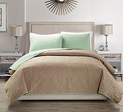 Mk Collection Solid Reversible Embossed Sage with Taupe bedspread Coverlet New (Full/Queen)