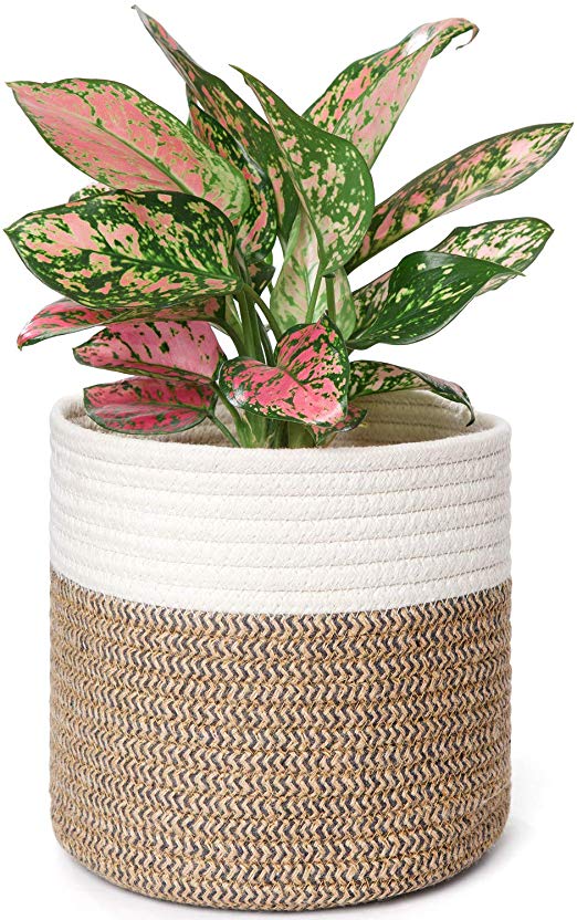 Mkono Cotton Jute Rope Seamed Plant Basket Modern Table Desktop Indoor Planter Up to 7 Inch Flower Pot Woven Storage Organizer with Handles Home Decor, 8" x 7.5"