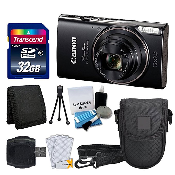 Canon PowerShot ELPH 360 HS Digital Camera (Black)   Transcend 32GB Memory Card   Camera Case   USB Card Reader   LCD Screen Protectors   Memory Card Wallet   Complete Accessory Bundle