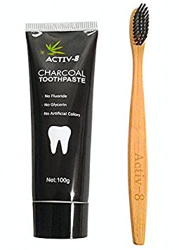 Activ-8 Activated Charcoal Toothpaste (100g) and Bamboo Toothbrush Kit Teeth whitening, Eliminates bad breath, Prevents tooth decay, Removes smoke stains and coffee stains