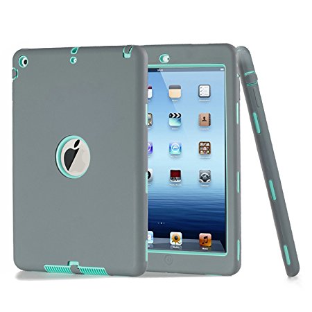 iPad Air Case, Qelus Heavy Duty Rugged Shockproof Three Layer Armor Defender Protective Case Cover for Apple iPad Air 2013 Model(Grey/Mint Green)
