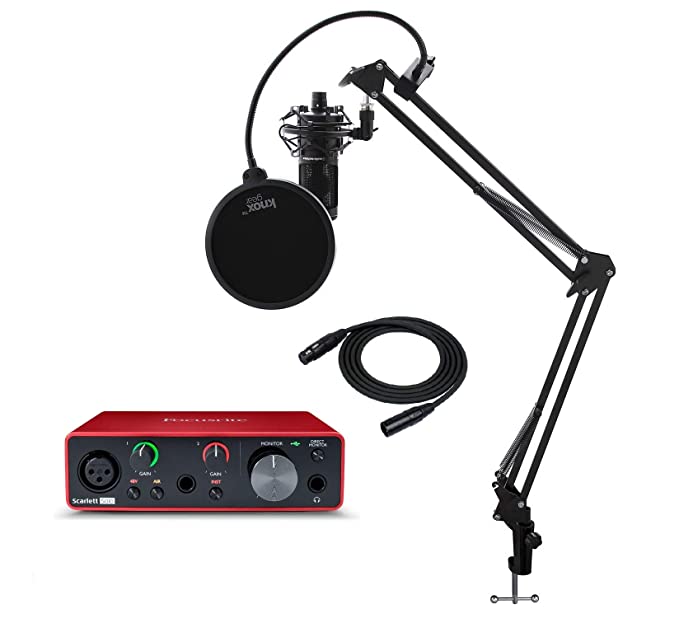 Focusrite Scarlett Solo 3rd Gen USB Audio Interface Bundle with AT2020 Microphone, Knox Gear Studio Stand, XLR Cable, Shock Mount and Pop FIlter (6 Items)