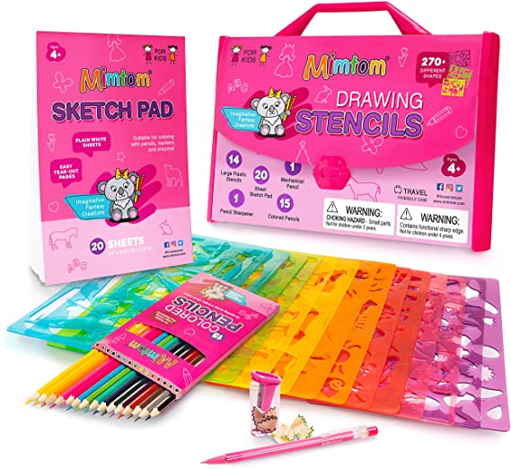 Mimtom Drawing Stencil Kit for Kids | 51 PC Arts and Crafts Stencil Set with Over 270 Shapes to Unleash Your Child's Creative Mind | Kid-Safe Educational Activity Toy for Ages 3 & Up