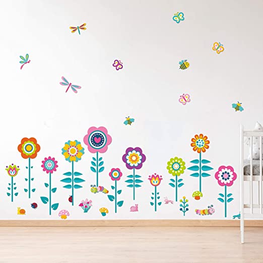 Garden Flower Wall Decals Flowers Peel and Stick Wall Stickers Vinyl Butterfly Floral Wall Decor for Kids Baby Classroom Bedroom Dining Room Nursery Party Decor