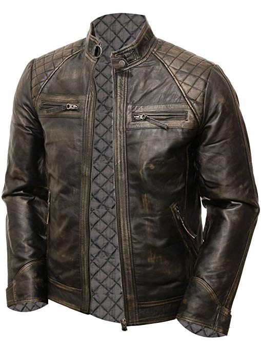 Abbraci Men's MotoBiker Vintage Shade Cafe Racer Quilted Motorcycle Padded Shoulder Wax Real Lambskin Leather Jacket