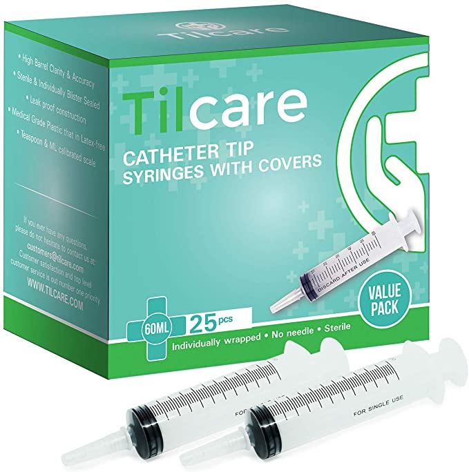 60ml Catheter Tip Syringe with Covers 25 Pack by Tilcare - Sterile Plastic Medicine Food Droppers for Children, Pets or Adults – Latex-Free Oral Medication Dispenser - Large Feeding Tube Syringes