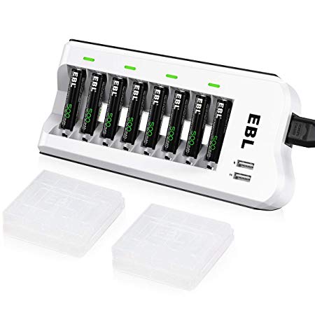 EBL 8 Packs of 500mAh Ni-CD AAA Rechargeable Solar Lights Batteries and 808U Rechargeable AA AAA Battery Charger with 2 USB Charging Ports