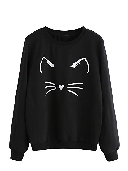 Romwe Women's Cat Print Sweatshirt Long Sleeve Loose Pullover Shirt