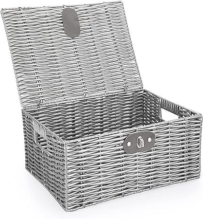 Hipiwe Wicker Storage Baskets Bin with Lid & Lock - Grey Woven Hamper Stackable Box for Shelf Organizing, Household Decorative Nesting Boxes for Clothes Toy Book, Medium