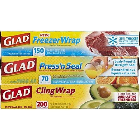 Glad Food Plastic Wrap Variety Pack - Press'n Seal Wrap - FreezerWrap - ClingWrap , 3 Count, 420 Square Feet