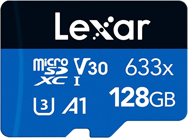 Lexar 633x 128GB Micro SD Card, microSDXC UHS-I Card   SD Adapter, microSD Memory Card up to 100MB/s Read, A1, Class 10, U3, V30, TF Card for Smartphones/Tablets/IP Cameras (LMS0633128G-BNAAA)